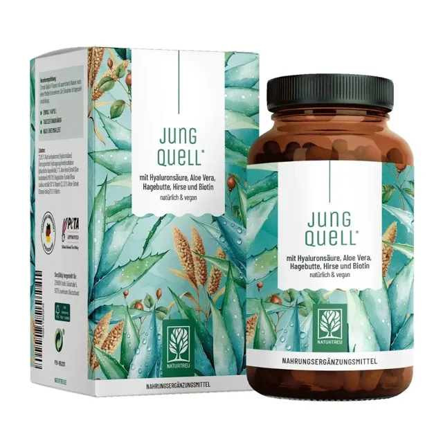 Naturtreu Pramen mládí – Komplex kyseliny hyaluronové, aloe vera, šipek a biotinu, 90 kapslí