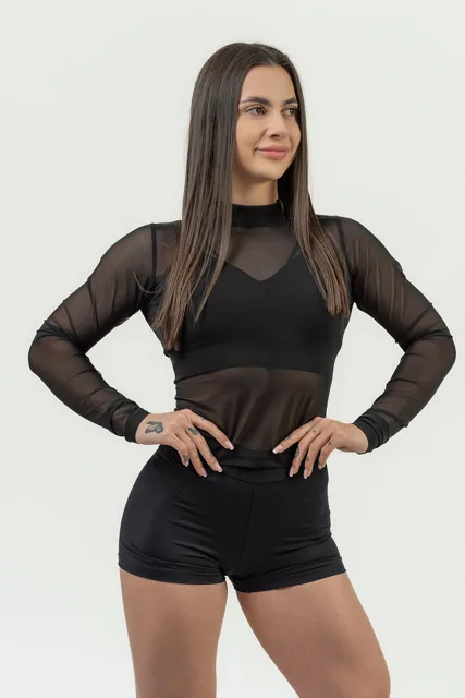 Nebbia Dámsky top s dlouhým rukávem INTENSE Sheer 847, L, černo-zlatá