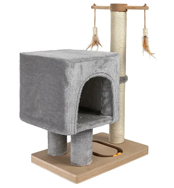 NELLYS Škrabadlo pro kočky Cat Tree 64 cm s úkrytem – MDF, sisal, plyš, světle šedá