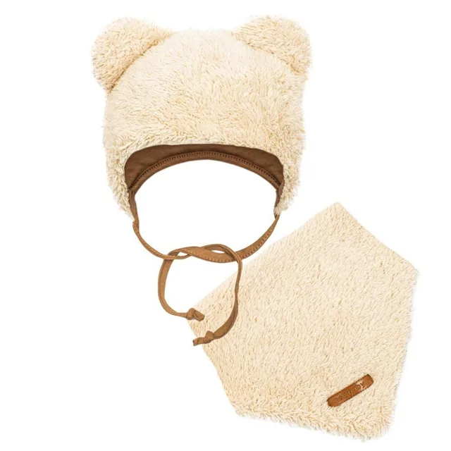 New Baby Zimní kojenecká čepička s šátkem na krk  Teddy bear béžová, vel. 80 (9-12m)
