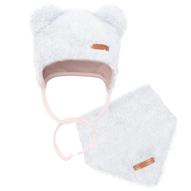 New Baby Zimní kojenecká čepička s šátkem na krk  Teddy bear šedo růžová