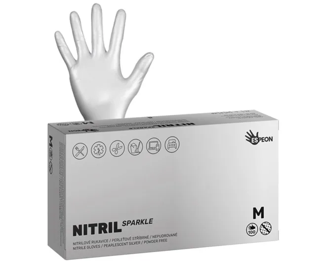 Nitrilové rukavice Espeon Nitril Sparkle - 100 ks, perleťové stříbrné, velikost M (100174) + dárek zdarma
