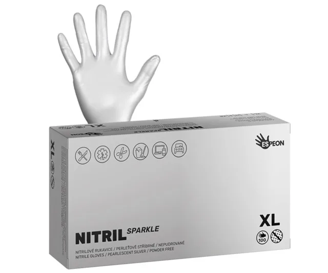 Nitrilové rukavice Espeon Nitril Sparkle - 100 ks, perleťové stříbrné, velikost XL (100176) + dárek zdarma