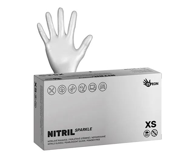 Nitrilové rukavice Espeon Nitril Sparkle - 100 ks, perleťové stříbrné, velikost XS (100172) + dárek zdarma