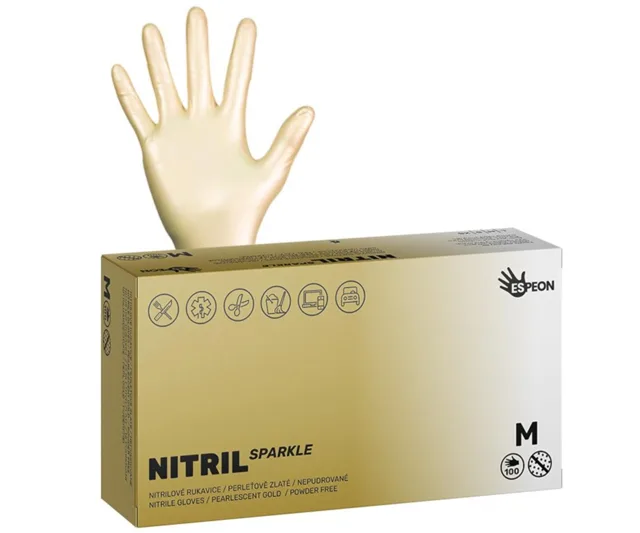 Nitrilové rukavice Espeon Nitril Sparkle - 100 ks, perleťové zlaté, velikost M (100150) + dárek zdarma