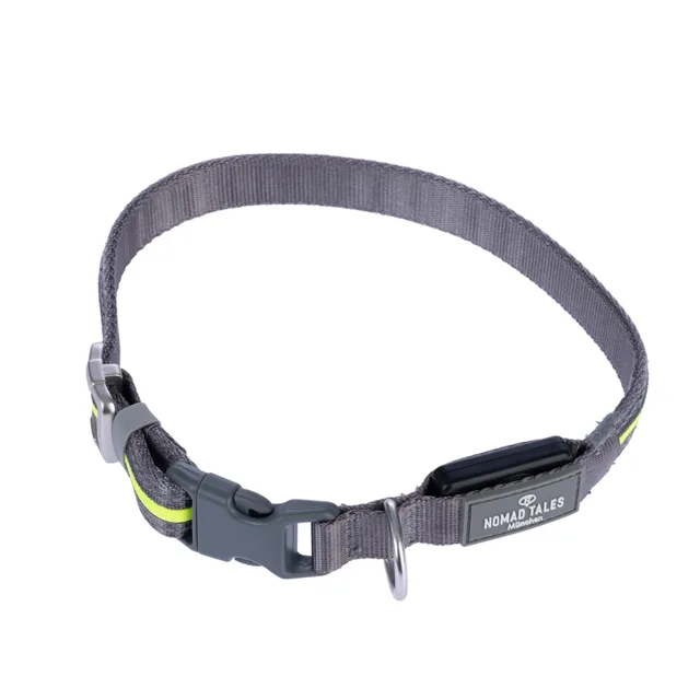 Nomad Tales Spirit USB LED nylonový obojek, neonově žlutý a šedý - velikost M/L: obvod krku 45-65 cm