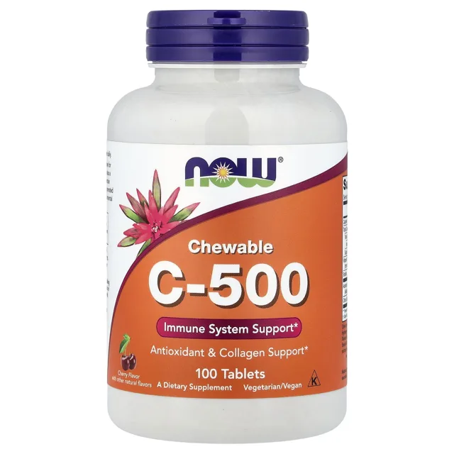 Now® Foods NOW Vitamín C-500 Chewable, třešeň, 100 žvýkacích tablet – s cukrem a sladidly