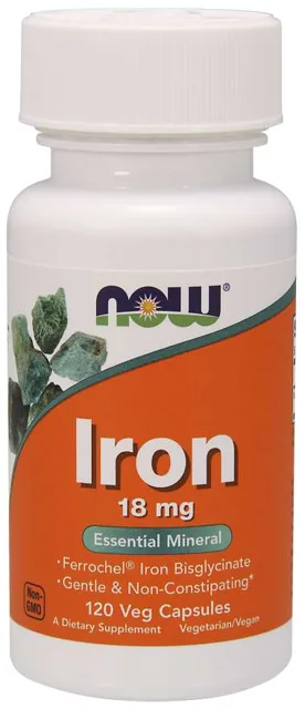 NOW Iron Bisglycinate, železo chelát (Ferrochel), 18 mg, 120 rostlinných kapslí
