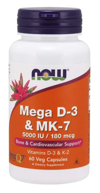 NOW Mega D3 & MK-7, Vitamín D3 5000 IU & Vitamín K2 180 ug, 60 rostlinných kapslí