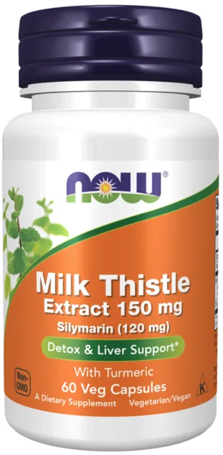 NOW Milk Thistle Extract with Turmeric, Ostropestřec mariánský extrakt s kurkumou, 150 mg, 60 rostlinných kapslí