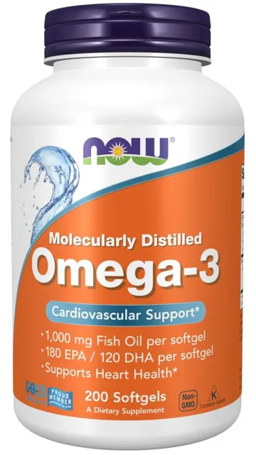 NOW Omega-3, molekulárně destilované, 200 softgelových kapslí