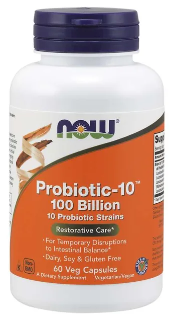 NOW Probiotic-10, probiotika, 100 miliard CFU, 10 kmenů, 60 rostlinných kapslí