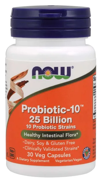 NOW Probiotic-10, probiotika, 25 miliard CFU, 10 kmenů, 30 rostlinných kapslí