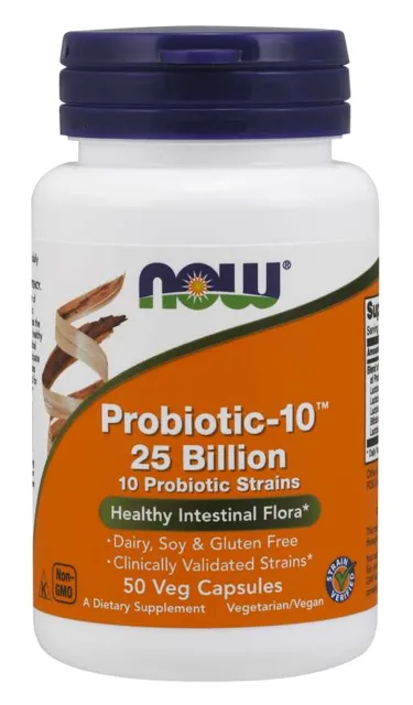 NOW Probiotic-10, probiotika, 25 miliard CFU, 10 kmenů, 50 rostlinných kapslí