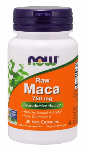 NOW Raw Maca (řeřicha peruánská), 750 mg x 30 rostlinných kapslí