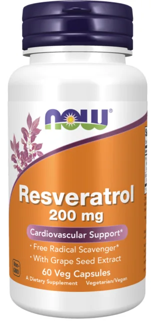 NOW Resveratrol (s extraktem z hroznových jader), 200 mg, 60 rostlinných kapslí