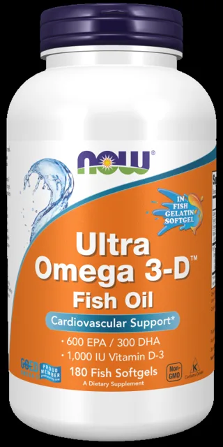 NOW Ultra omega-3 s vitamínem D, 300 DHA / 600 EPA, 180 softgel kapslí