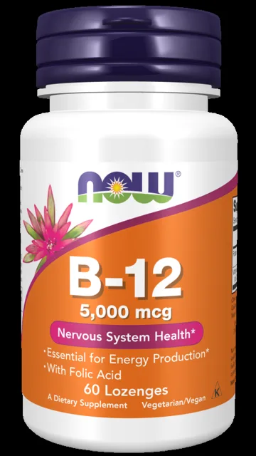 NOW Vitamin B12 with Folic Acid (Vitamín B12 + Kyselina Listová), 5000 mcg, 60 pastilek