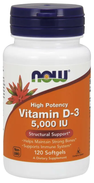 NOW Vitamin D3, 5000 IU, 120 softgel kapslí