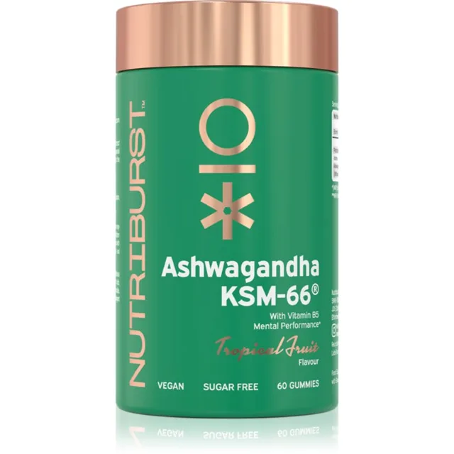Nutriburst Advanced Ashwagandha KSM-66® Gummies želé bonbóny pro udržení energie a kognitivní výkonnosti příchuť Tropical Fruit 60 ks