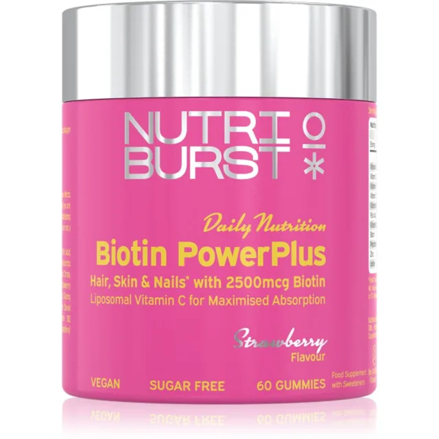 Nutriburst Daily Nutrition Biotin PowerPlus Gummies želé bonbóny pro krásné vlasy, pleť a nehty příchuť Strawberry 60 ks