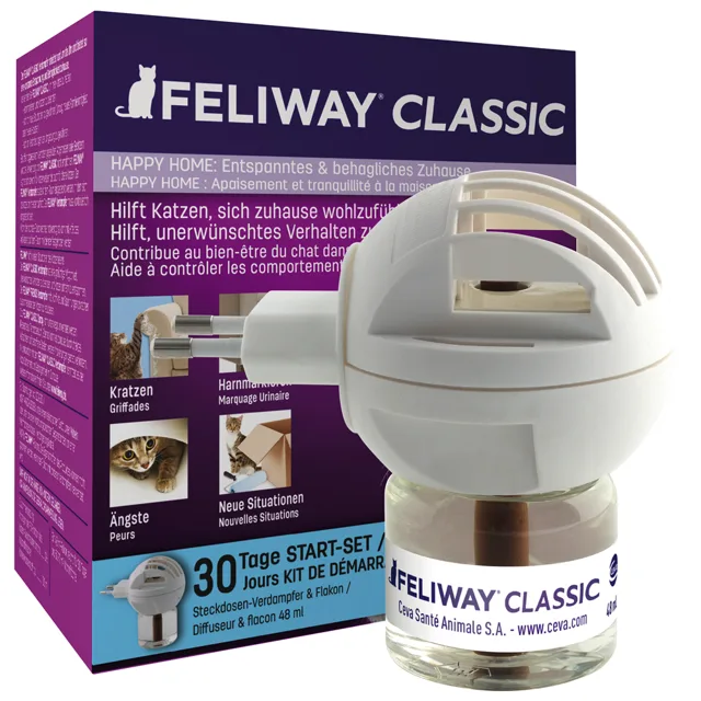 Odpařovač nebo feromonový sprej Feliway Classic   - ekonomické balení: 3 plnicí lahvičky po 48 ml