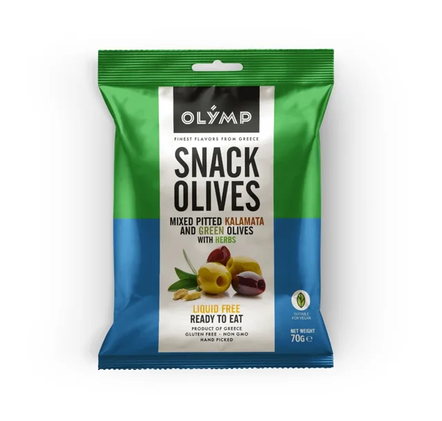 Olymp Mix Kalamata tmavé a zelené olivy bez pecky s bylinkami 70 g