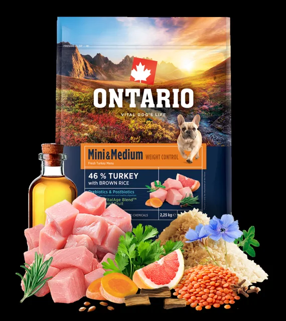 Ontario Mini & Medium Weight Control Turkey & Brown Rice 2,25kg