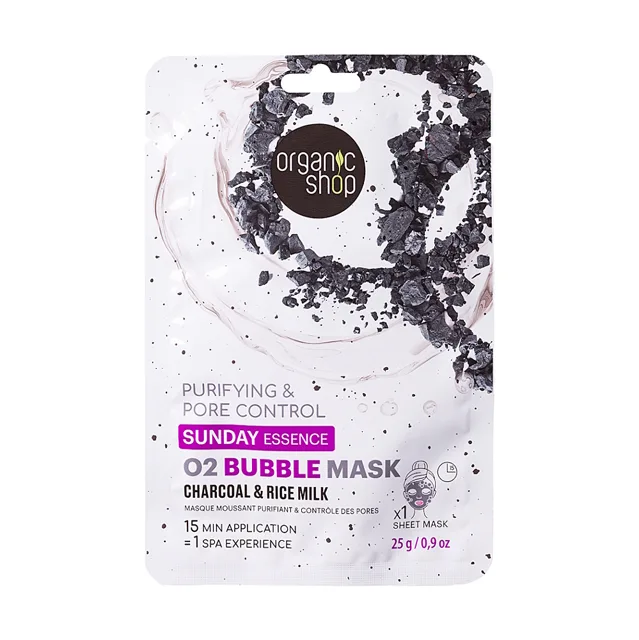 ORGANIC SHOP Plátýnková maska O2 Bubble s černým uhlím a rýžovým mlékem 1 ks