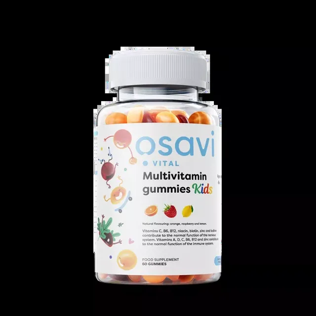 Osavi Multivitamin Gummies KIDS, Multivitamínové gumové bonbóny pro děti, bez cukru, pomeranč, malina, citrón, 60 bonbónů