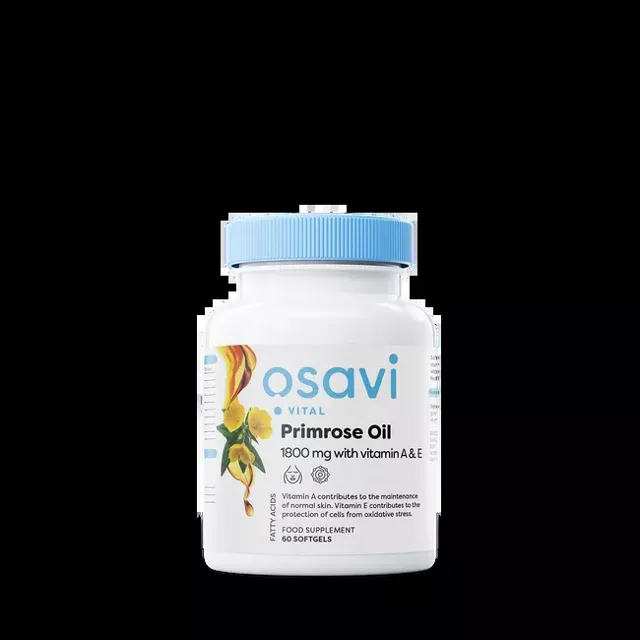 Osavi Primrose Oil with vitamin A & E, Pupalkový olej s vitamíny A & E, 1800 mg, 60 rostlinných kapslí