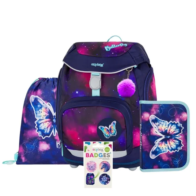 Oxybag OXY SHERPY - školní set Motýl 4 ks: batoh, penál, sáček, placky batoh, penál, sáček