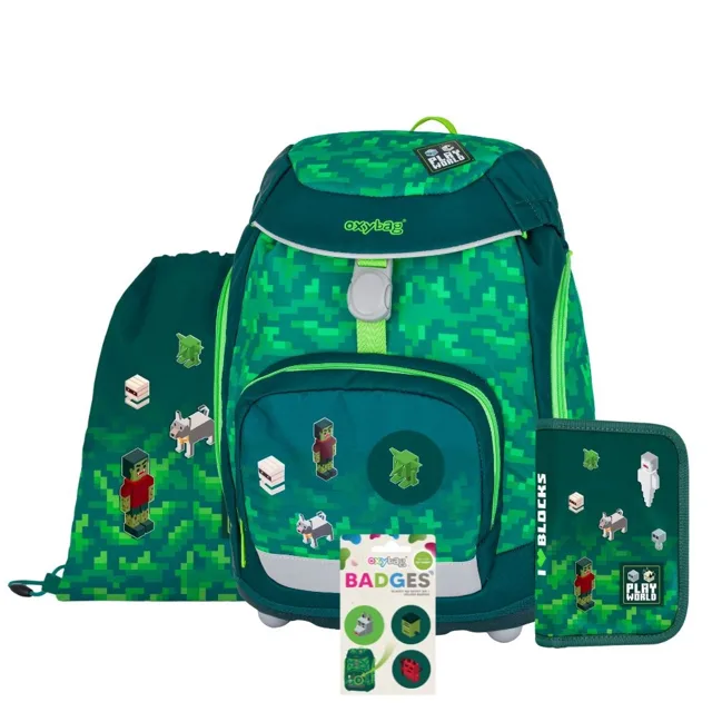 Oxybag OXY SHERPY - školní set Playworld 4 ks: batoh, penál, sáček, placky batoh, penál, sáček