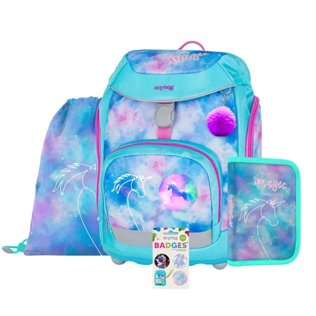 Oxybag OXY SHERPY - školní set Unicorn 4 ks: batoh, penál, sáček, placky batoh, penál, sáček