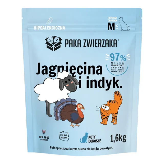 PAKA ZWIERZAKA Suché krmivo jehněčí a krůtí pro kočky M 1,6 kg