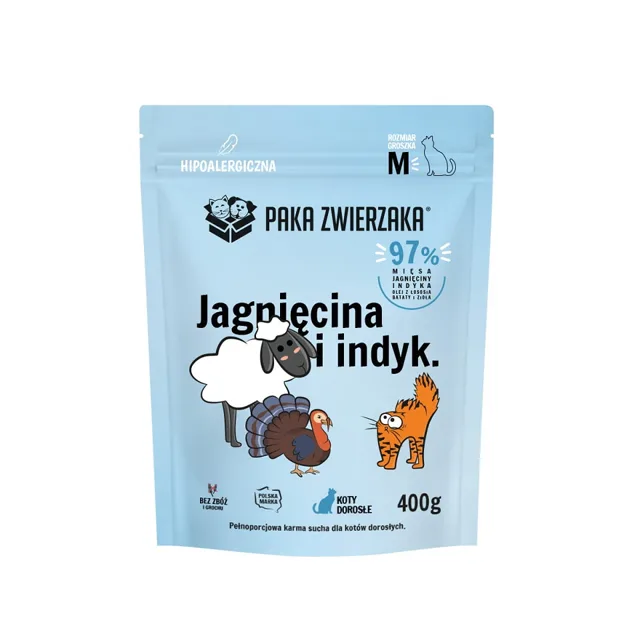 PAKA ZWIERZAKA Suché krmivo jehněčí a krůtí pro kočky M 400 g