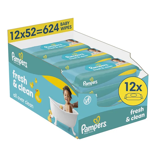 PAMPERS Fresh clean dětské vlhčené ubrousky plastic free 12 x 52 kusů