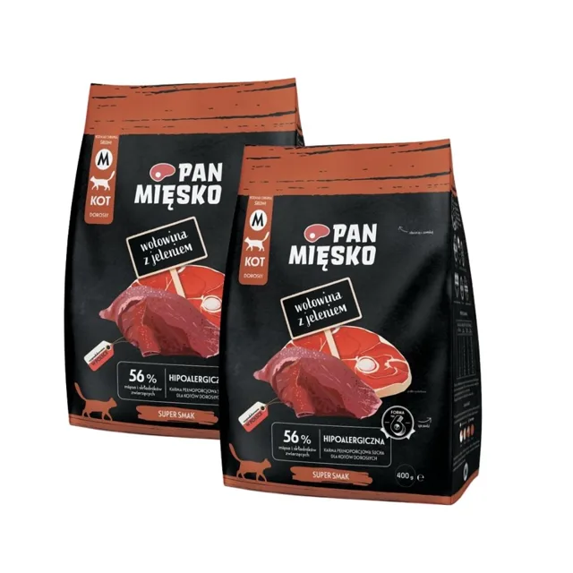 PAN MIĘSKO hovězí s jelenem pro kočky, křupky M 2x400 g