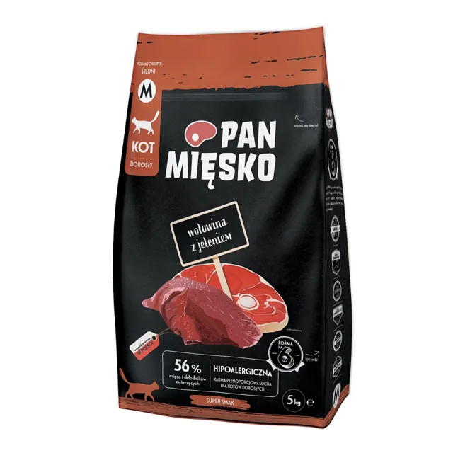 PAN MIĘSKO Hovězí s jelenem pro kočky, křupky M 5 kg