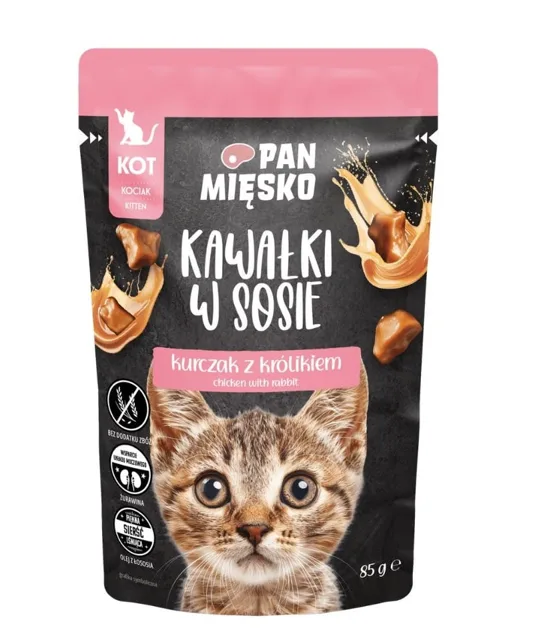 PAN MIĘSKO Kousky v omáčce Kuřecí s králíkem mokré krmivo pro koťata 85g