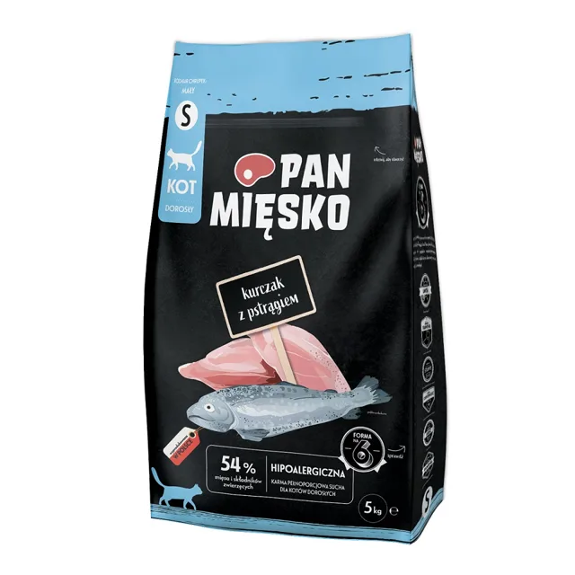 PAN MIĘSKO Kuře s pstruhem pro kočky, křupavé, S 5 kg
