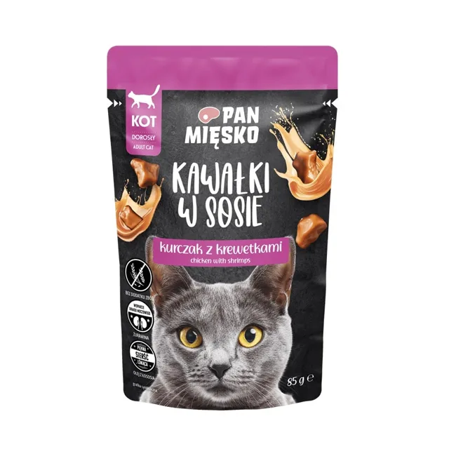 PAN MIĘSKO Kuřecí kousky v omáčce s krevetami krmivo pro kočky 85 g