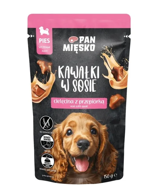 PAN MIĘSKO Mokré krmivo pro štěňata s telecím masem a křepelkou v omáčce 150 g