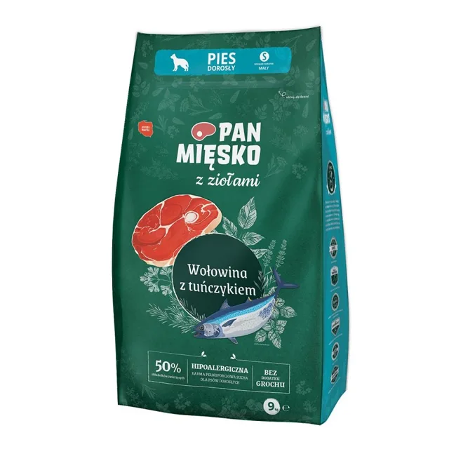 PAN MIĘSKO pro malá plemena 9kg s bylinkami, hovězím  masem a tuňákem