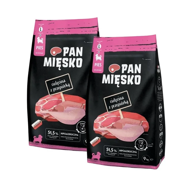 PAN MIĘSKO Telecí křupky s křepelkou pro štěňata L 2x9 kg