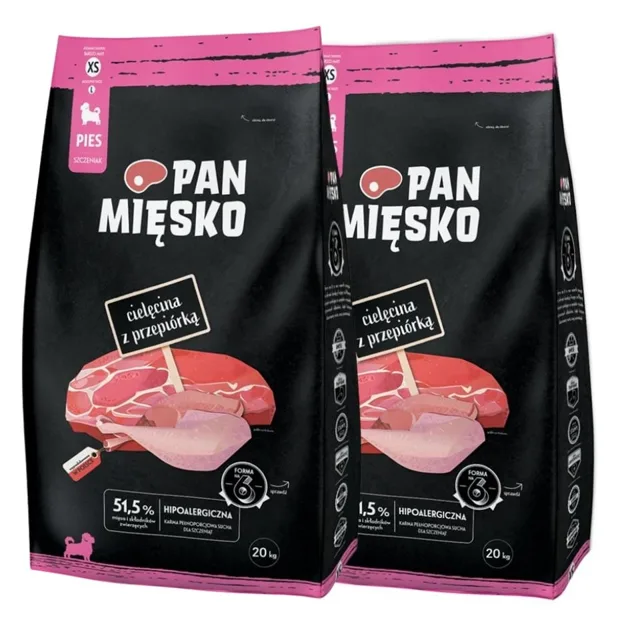 PAN MIĘSKO telecí s bažantem pro štěňata křupky XS 2x20 kg