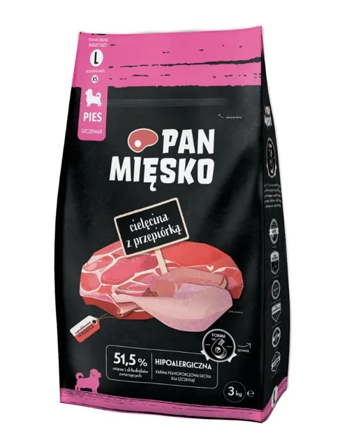 PAN MIĘSKO Telecí s křepelkou pro štěňata křupavé L 3 kg