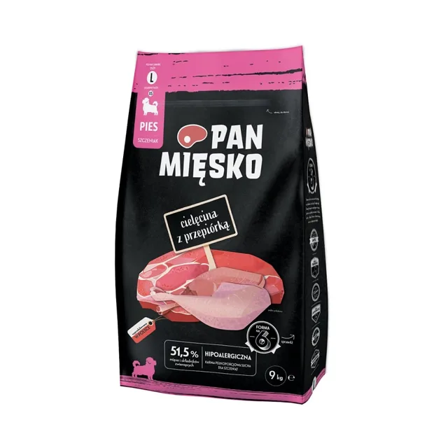 PAN MIĘSKO telecí s křepelkou pro štěňata, křupky L 9 kg