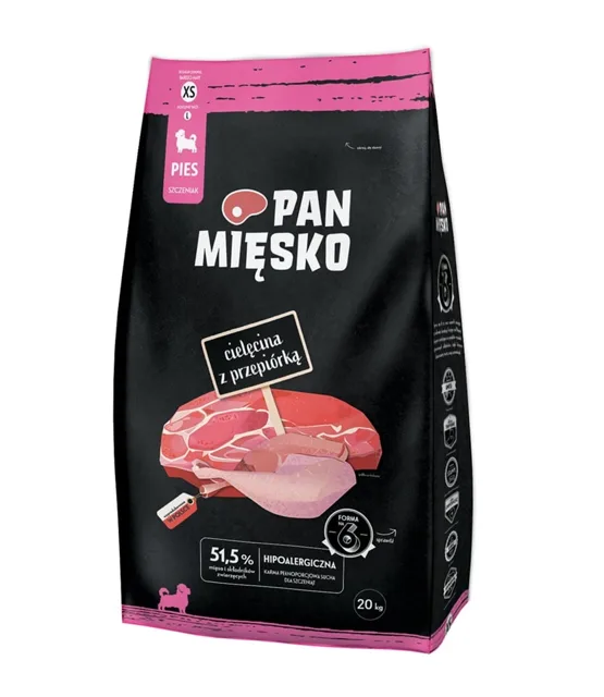 PAN MIĘSKO Telecí s křepelkou pro štěňata křupky XS 20 kg