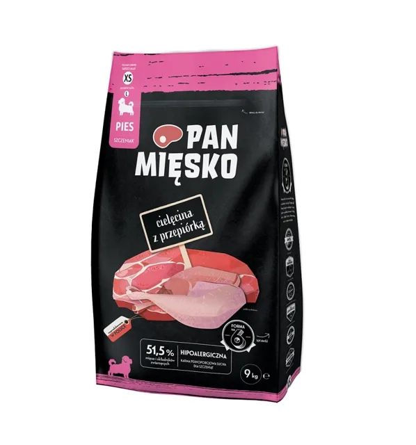 PAN MIĘSKO Telecí s křepelkou pro štěňata, křupky XS 9 kg